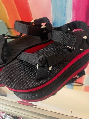 Teva Black Sandals with Red Accent Platform